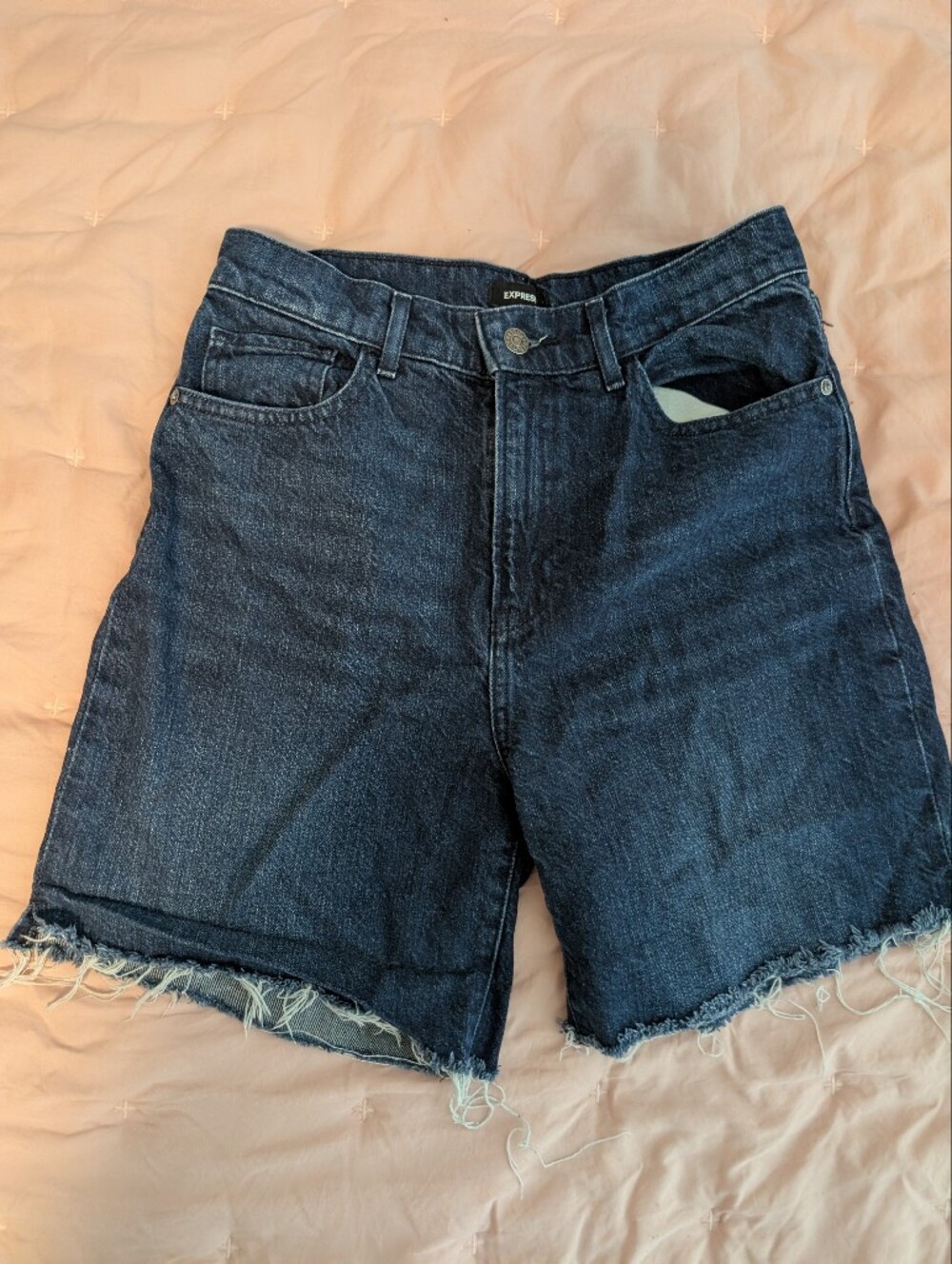 Express Dark Blue High-Rise Frayed Hem Jean Shorts 4